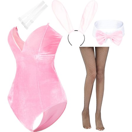 iNa Anime Damkläder Bunny Girl Kostym En Delig Body Halloween Cosplay Catsuit Bunny Pannband Strumpor Set Rosa XX-Large