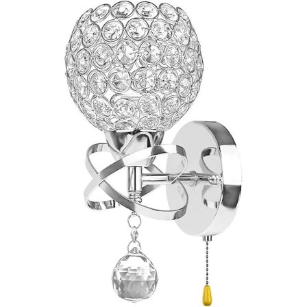 Modern kristallvägglampa hängande lampa kromfinish sovrumslampa belysningsarmatur med dragkedjeströmbrytare, E14-uttag (sfärisk)