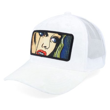 Calza Pennello - Vit trucker Keps - Crying Girl Pop Art Velvet White A-Frame Trucker @ Hatstore