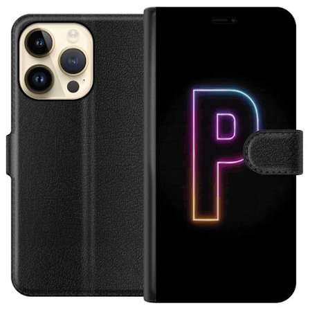 Kompatibel Tegnebogsetui til Apple Apple iPhone 15 Pro Minimalistisk neonbogstav P i farvegradient og lyseffekt mod sort baggrund i digital neonstil