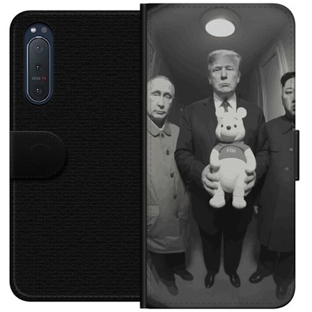 Yhteensopiva Lompakkokotelo Sony Xperia 5 II Mustavalkoinen taideteos surrealistisella poliittisella symboliikalla ja odottamattomalla kontrastilla, p