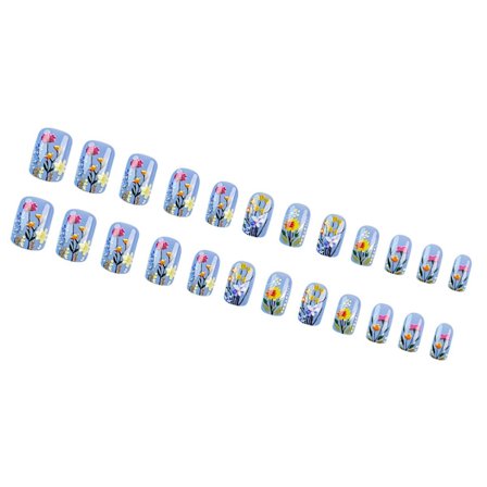 24 st Lila Franska Fyrkantiga Lösnaglar Med Glansig Finish Och Blomdetaljer