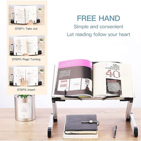 Sammenklappelig bogstand med aluminiumsarm, højde- og vinkeljusterbar bogstand med bogklemme, bærbar boglæseholder