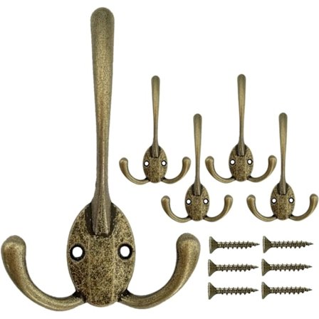 Bronse, 5 Vintage Veggkroker, Trippel Metallveggkrok for Hengende Klær, Jakker, Badekåper, Håndklær, Hatter, Nøkler, Vesker