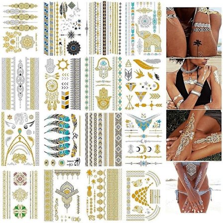 16 ark metalliska temporära tatueringar för kvinnor tonåringar flickor - guld silver temporära tatueringar glitter skimmer designer smycken 