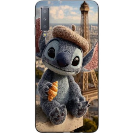 Kompatibelt Mobilskal till Samsung Samsung Galaxy A7 (2018) Stitch i Paris gulligt motiv med croissant och Eiffeltornet romantisk charm med lekfull en