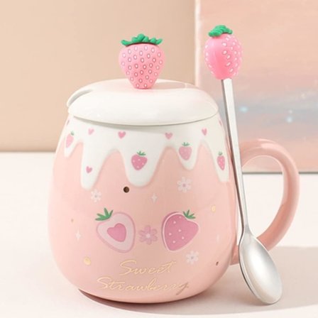 Søde Jordbærkrus Pink Kaffekrus Keramisk kawaii Kop Morgen Te Mælk Frugt Krus med Dejligt Låg Rustfri Stål Ske