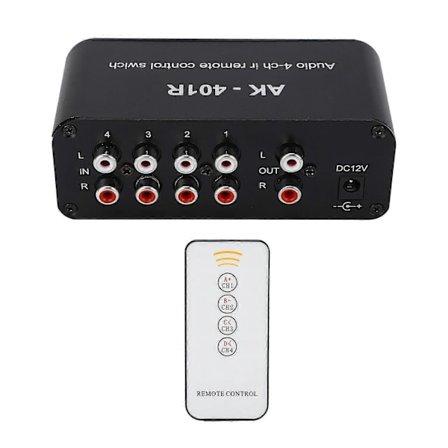 Audio Switch 1 Inn 4 Ut DC 12V RCA Signalvelger Audio Splitter med Fjernkontroll