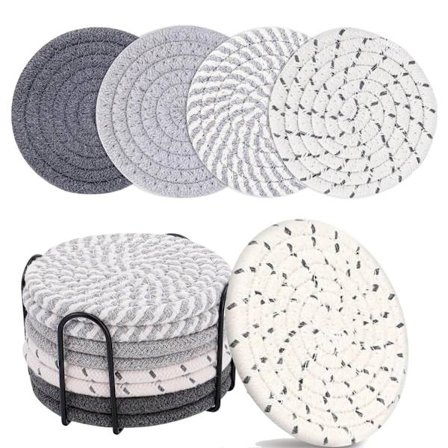 8 kpl Juoma-aluset, 4 väriä Imukykyiset aluset pidikkeellä, Lämmönkestävät puuvillaiset kudotut aluset kupeille, 4,3 tuumaa