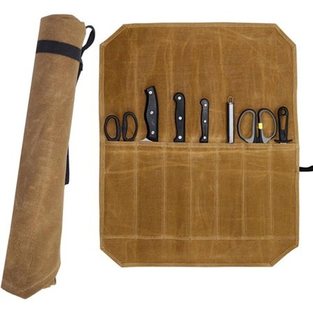 Vokset lerret knivmappe for kokker - 7 rom reiseknivveske med sammenleggbar design - Kompatibel med bestikk u0026 kjøkkenutstyr - Khaki