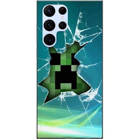 Samsung Galaxy S22 Ultra 5G Gjennomsiktig deksel Minecraft Creeper gjennom knust glass med dramatisk eksplosjonseffekt hvor den ikoniske Creeperen bry