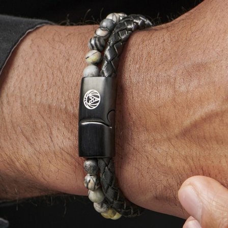 Bracelet Icon en cuir et en perles de pierre grises pour hommes - Bracelets en cuir