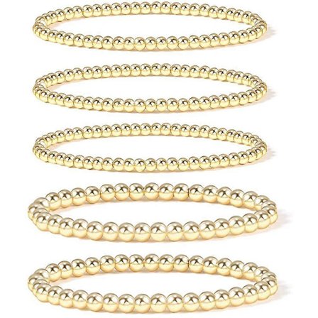 Women's Gold Beaded Bracelet, Gold Plated Beaded Strand, Elastic Stretch Bracelet, 5 Pack