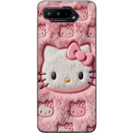 Kompatibel Mobilcover til Asus ROG Phone 5 Hello Kitty lyserød fluffy baggrund med ikonisk ansigt og kawaii-æstetik