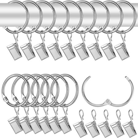 50 stk gardinringer med klemmer, 32 mm metallgardinringer med kroker, gardinkroker, dusjringer med klemmer, gardinstangringer, sølv