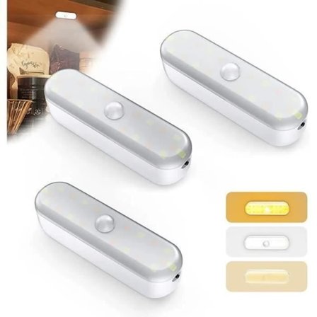 Nattlampe Sett med 3, LED Skaplampe med Bevegelsessensor, USB Oppladbar Trådløs Innendørs Lampe, Skaplampe