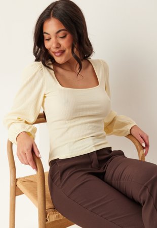 Bubbleroom - Square Neck Balloon Sleeve Top - Butter Yellow - Kläder