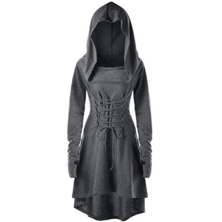 Klänning med huva för kvinnor med snörning av Halloween Cosplay-mantel grey M grey L