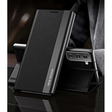 För Samsung Galaxy S21 5G Side Elektropläterad Magnetisk Ultratunn Horisontell Flip Läderfodral med Hållare Svart