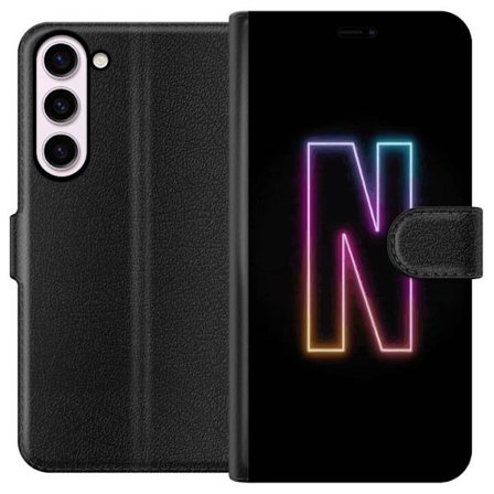 Kompatibelt Lommeboketui til Samsung Samsung Galaxy S23+ Minimalistisk neonbokstav N i fargeskiftende lys mot svart bakgrunn