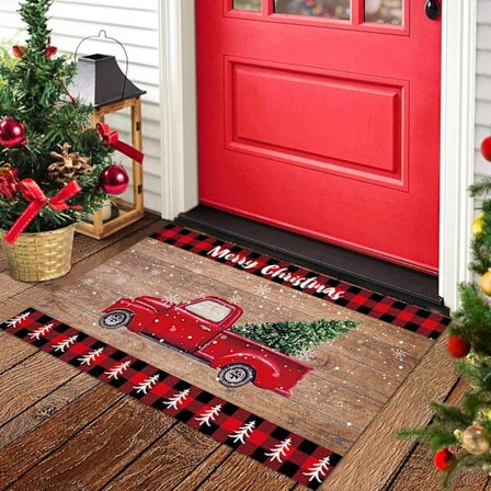 Jul Dörrmatta Tall Trä och Röd Retro Lastbil Välkommen Dörrmattor