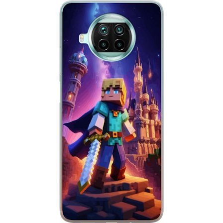 Xiaomi Mi 10T Lite 5G Genomskinligt Skal Blockhjälte med svärd framför magiskt slott, i en nattlig fantasymiljö, episkt äventyrsmotiv