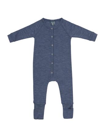 Night Suit, Denim Melange Drop Needle, Merino Wool Pyjamas Sie Jumpsuit Blå Smallstuff