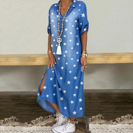 Kvinnor Kortärmad Lång Klänning Bokstavstryck Print Blue 5XL