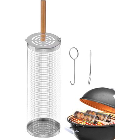1/2-Pack Grillkorg i Rostfritt Stål, Rullande Grillkorg med Trähandtag för Camping och Trädgård_OF