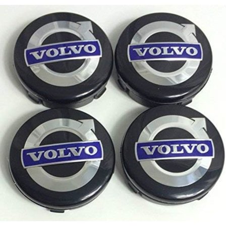4 x Volvo lättmetallfälgar, centrumkapslar, 64mm, svart / blå, C70, S60, V60, V70, S80, XC90