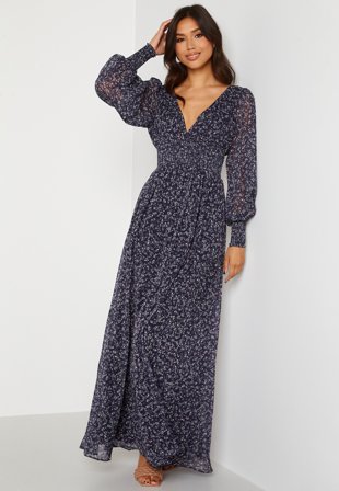 Goddiva Ditsy Long Sleeve Shirred Maxi Dress Navy Klær
