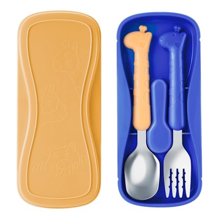 Børneservicesæt, ske- og gaflersæt, rustfrit stålbestik, BPA-frit, blå og gul, sødt girafdesign børnebestik.
