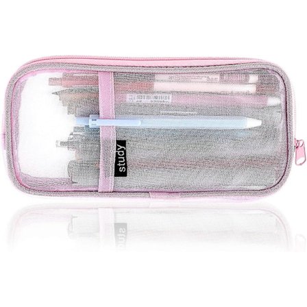 Net Penalhus Stor Kapacitet Penpose Transparent Makeup Taske Kosmetiktaske til Studerende Skole Gymnasium Kontor Pink