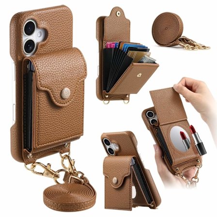 Etui til iPhone 16E/SE4/SE2025 brun Pebbled Stort harmonika Makeup Spejl Crossbody Rem