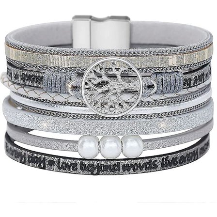 Livets Tre Armbånd Flerlags Lær Wrap Mansjett Armring Magnetisk Spenne