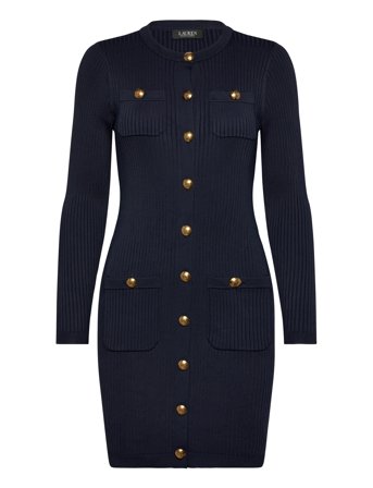Lauren Ralph Lauren Button-Trim Rib-Knit Sweater Dress - Navy - M