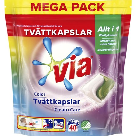 VIA Tvättkapslar Duo Color 40/fp - Lyreco - Städ och hygien - Tvättmedel och klädvård - Tvättmedel