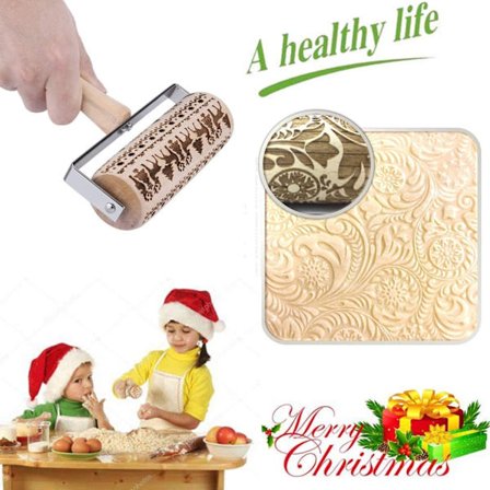 Julekjevle i tre, kjevler i tre for baking av pregede kjeks, 3D-kjevle i tre, preget kjevle, gravert kjevle