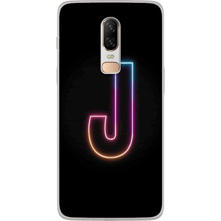 Kompatibel Mobilcover til OnePlus OnePlus 6 Minimalistisk neonbogstav J i farveskiftende lys mod sort baggrund
