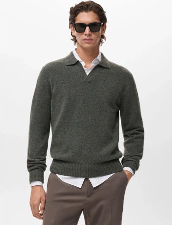 Mango Knitted Wool Blend Polo Sweater - Green - XXL