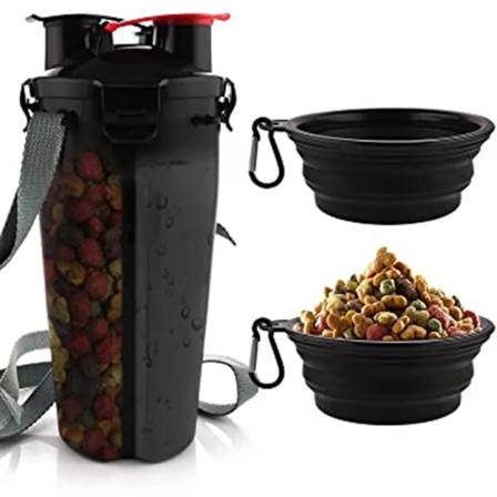 2 i 1 Hundedrikkeflaske og Madflaske til Hunde på Farten Vandflaske 350ml med 2 Sammenklappelige Skåle Bærbar
