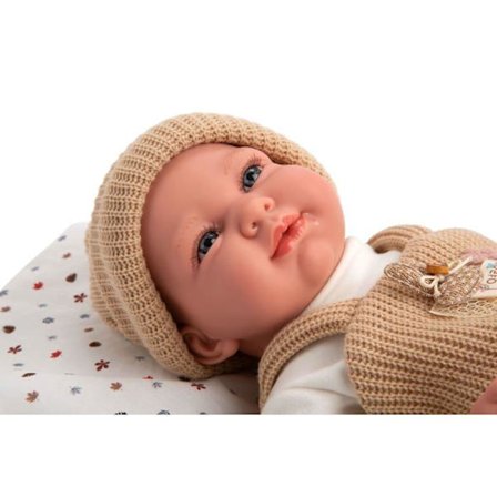 Realistisk docka - Arias - 40 cm - Beigefärgad overall - Realistisk vikt - Vaniljarom - Napp ingår - Sängsäck