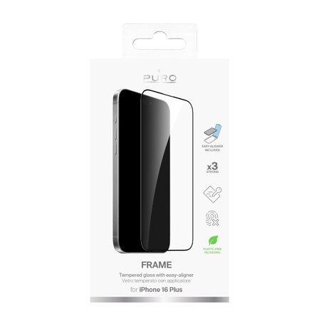 PURO iPhone 16 Plus Frame Tempered Glass, Applicator included