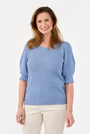 JENSEN - Kortærmet Strik - Blå - Hulmønster