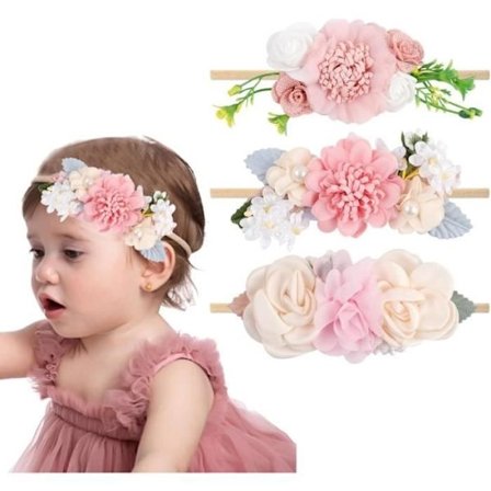 3 stk. Baby Jente Nylon Blomster Hodebånd Elastisk Hårbånd Sløyfer Hårpynt for Nyfødt Spedbarn