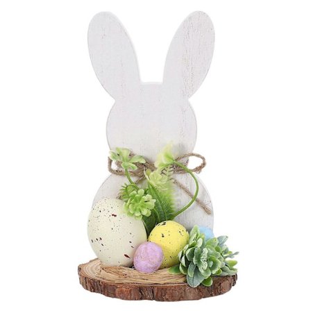Påskehare Træskilt - Bordplade Midterstykke i Bondehusstil - Kanin med Æg & Blomster Figur til Påske Hjem Spisestue Soveværelse Forårsdekoration [HK]