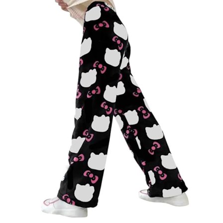 Anime Pyjama Housut Naiset Tytöt Sarjakuva Kissa Kaikki Hahmot Kawaii Kissa Painatus Flanelli Lounge Pyjamahousut Joulu Pyjamahousut (MUSTA, L) 
