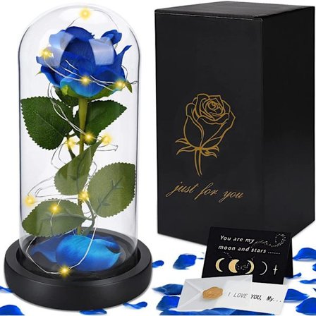 Den vackra och odjurrosen, evig ros i glas med LED-ljus,