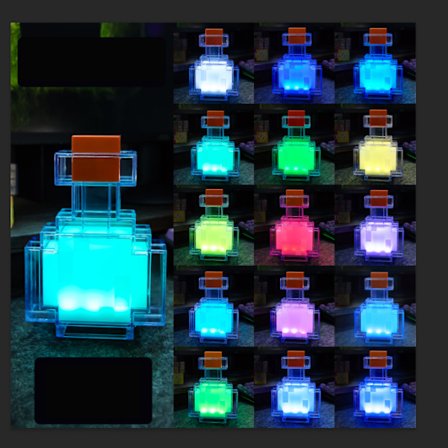 Pixel Potion Natlampe - 15 Farveskiftende Flaske med Auto-Roterende Farver & Åndedræt Lys Effekt