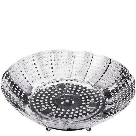 Grønnsaksdamperkurv, justerbar sammenleggbar damper i rustfritt stål, tilbehør til Instant Pot og trykkoker (2 stk, sølv)